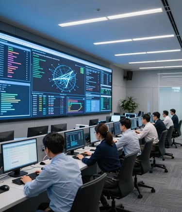 A wide shot of a modern, high-tech command center in a North American corporate office, featuring analysts in professional business attire monitoring data on large digital wall displays, cool blue lighting, sharp focus, professional photography.