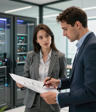 Two IT consultants in professional business casual attire discussing technical blueprints in a bright, modern North American office with a glass-walled server room in the background, soft natural lighting, high-end corporate style.