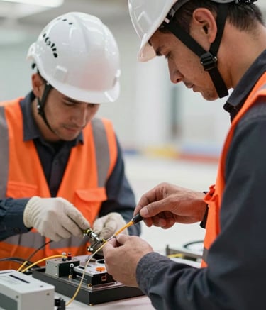 Close-up photography of two construction workers in white helmets and orange safety vests working on fiber optic splicing equipment. The setting is a clean, professional construction environment in Central Europe. Natural bright lighting, high-tech focus.