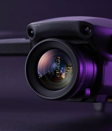 Close-up macro photography of a high-tech drone sensor and lens, reflecting a modern European city skyline at night. The lighting is dominated by deep black and vibrant violet accents, creating a luxury technology atmosphere.