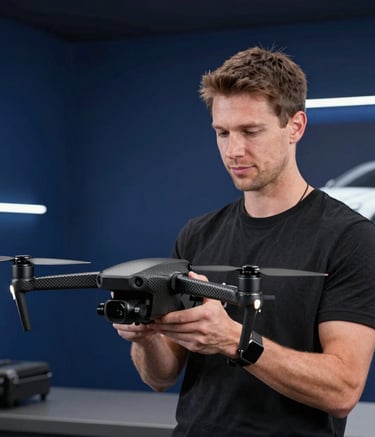 Portrait of a professional drone pilot in a sleek, modern tech studio in Europe. He is holding a carbon fiber drone. The background is a dark deep blue with subtle white light streaks, evoking a Tesla-style premium atmosphere.