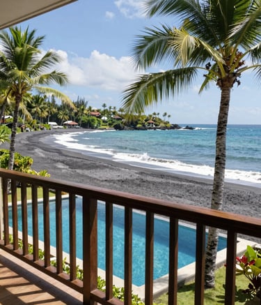 Cozy beach house with wooden accents surrounded by palm trees