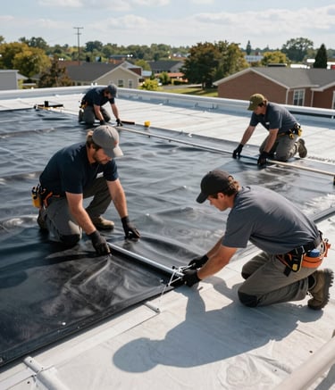 Professional roofing contractors in North American / US - New Jersey attire working on a large flat roof. They are installing TPO membrane on a bright, sunny day. The scene is clean, organized, and reflects high professional standards.