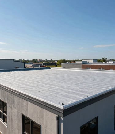 A wide-angle professional photograph of a completed commercial flat roof on a modern building in New Jersey. The roof is clean and perfectly installed, set against a clear blue sky during the day. The architecture is industrial and modern.