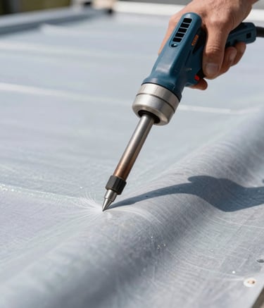 A professional close-up shot of a heat-welding tool being used on a light gray TPO roof membrane. The scene is bright and industrial, set in Toms River, New Jersey. The focus is on the precision and quality of the materials.