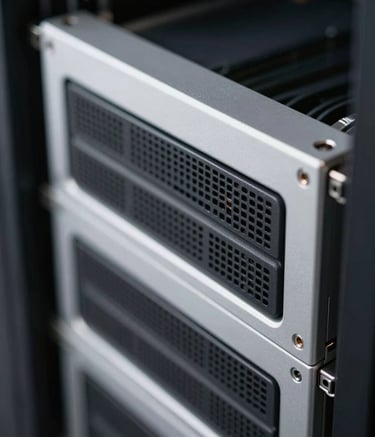 A high-end, close-up photograph of sophisticated server hardware inside a data center. The lighting is low and dramatic, highlighting sharp edges in mist white and deep charcoal tones. The composition is sleek and technical, emphasizing precision and reliability.
