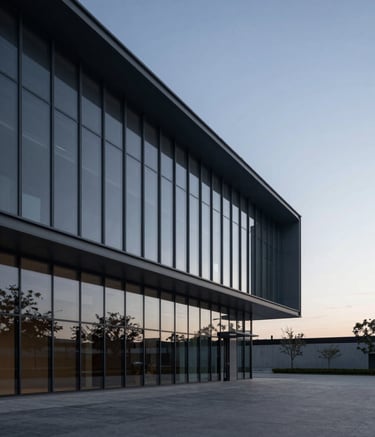 A wide-angle shot of a modern architectural structure with glass and steel. The scene is set at dusk, casting deep slate grey shadows and capturing mist white light reflections on the surfaces. The style is professional and minimalist.
