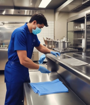 Warehouse worker wiping down equipment with low-lint clytex wipes for maintenance.