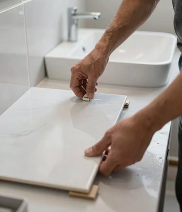 Close-up of a skilled worker's hands precisely installing large format porcelain tiles in a modern bathroom, focused lighting on the craftsmanship, professional construction environment.