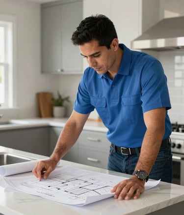 A professional contractor in a clean uniform reviewing architectural blueprints on a modern kitchen island, bright natural lighting, North American / Hispanic setting, professional and efficient atmosphere.