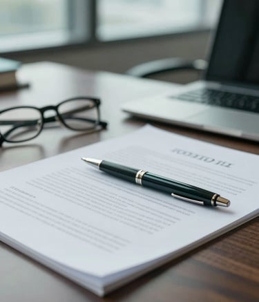 A high-end legal office setting. A close-up of a professional pen resting on a legal document next to a pair of glasses on a dark wood desk. The lighting is soft and natural, coming from a window. The color palette includes hints of #054D4B and #1A202C to emphasize trust and modern efficiency.