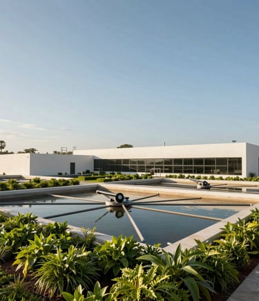 Exterior shot of a sophisticated ecological water treatment plant in Mexico, featuring clean architecture and green landscaping with Apple Green foliage, sunny afternoon sky.