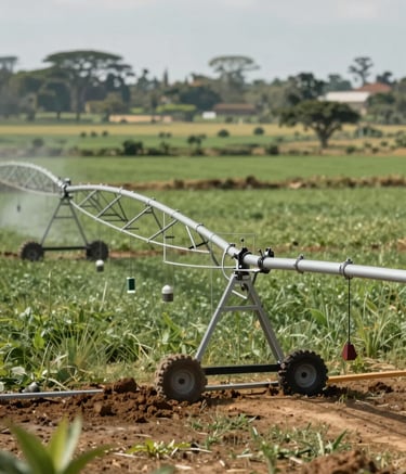 Professional high-angle shot of a modern irrigation system installation in Ethiopia, featuring water works equipment with a background of fertile farmland. The scene uses a professional color palette including #52796F and #84A98C tones, emphasizing reliability and infrastructure expertise.