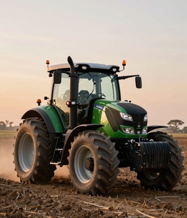 A powerful modern tractor working on a large-scale Ethiopian farm during sunset. The lighting is warm but professional, highlighting the machinery's robust build. Subtle incorporation of the brand colors #2F3E46 and #84A98C in the machinery and environment.