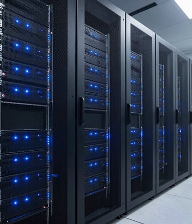 Clean, wide-angle photography of a high-tech server room with glowing blue LED indicator lights on modern equipment racks, representing cutting-edge digital infrastructure and security, in a palette of dark navy and slate gray.