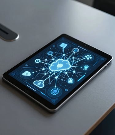 A top-down view of a sleek conference table in a modern South Asian / Global Professional executive suite. A high-resolution tablet shows a complex AI neural network diagram and cloud architecture icons. Colors are slate gray and light blue.