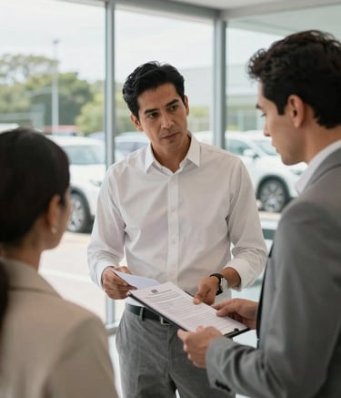 A professional automotive consultant in a Latin American business setting, reviewing documents with a client. They are in a modern, glass-walled office with a view of a clean vehicle lot. The atmosphere is transparent and customer-focused, with a palette of off-white and medium gray.