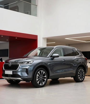 A high-end used SUV parked inside a bright, minimalist showroom in a Latin American city. The lighting is soft and professional, highlighting the car's polished surface. The composition is clean, conveying trust and efficiency, with deep charcoal and crimson red accents visible in the architectural details.