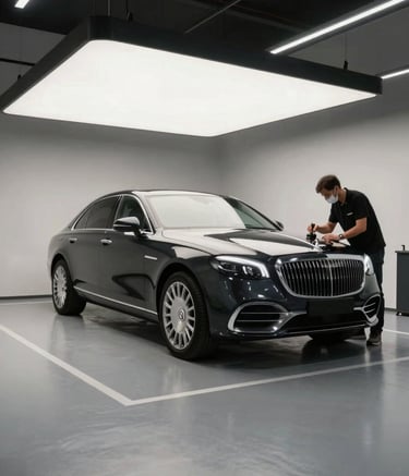 Wide shot of a minimalist and modern car detailing workshop in Western Europe, featuring a clean grey floor and professional lighting illuminating a luxury vehicle being meticulously inspected.