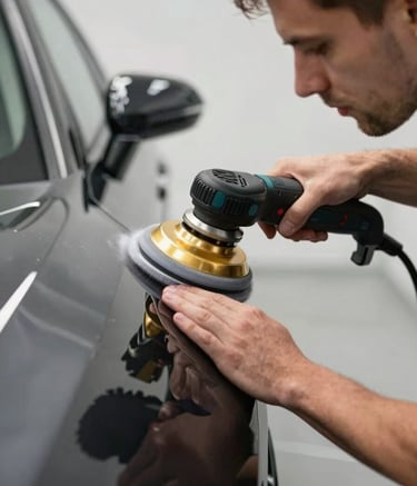 Photography of a professional detailer in Western European workwear, meticulously polishing a car panel with a gold dual-action polisher, focused and precise lighting.