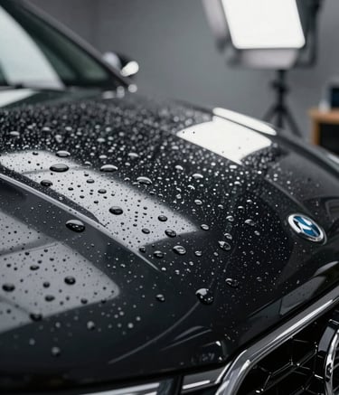 A professional macro photography shot of water beads on a deep black ceramic-coated car hood, reflecting bright silver studio lights, demonstrating precision and high-quality finish in a Western European detailing studio.