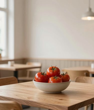 A cozy, minimalist restaurant interior inspired by Scandinavian design. The scene features light-colored walls (#FAF5E5), clean wooden tables, and a large ceramic bowl of deep crimson tomatoes (#9B1C31) as a focal point. The lighting is soft and natural, evoking a sense of grounded professionalism and artisanal warmth.
