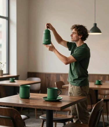 A high-end, behind-the-scenes shot of a professional content creator from the Pomodoro agency. They are carefully adjusting the lighting for a food photography shoot in a minimalist Scandinavian-style restaurant. The scene features dark wooden textures and a pop of matte forest green (#2A5F43) in the props. Natural light spills from a window, creating a warm, inviting, and professional atmosphere.