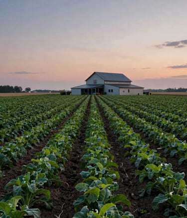 A wide-angle shot of a lush, productive local farm at dusk. The rows of crops create leading lines toward a modern farmhouse. The sky is a soft palette of twilight colors. North American / European rural landscape.
