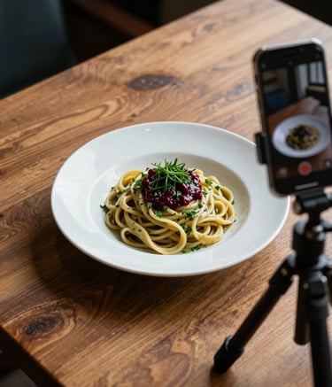 A top-down professional food photography setup featuring a rustic wooden table, a plate of artisanal pasta, and a smartphone on a tripod. The scene is lit with soft natural light, highlighting textures of Matte Forest Green herbs and Deep Ripe Crimson sauce. North American / European dining setting.