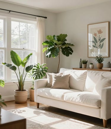 A bright, airy North American living room with sunlight streaming through clean windows, lush green indoor plants, and a comfortable white sofa, symbolizing a safe and healthy home environment.