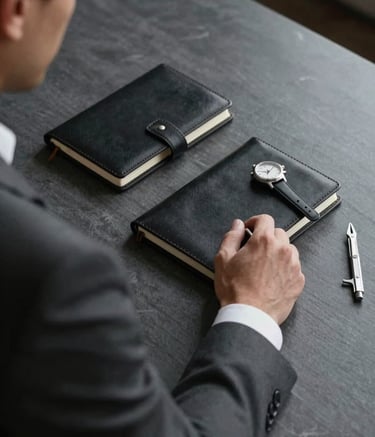 A minimalist, high-end desk environment. A professional man in a crisp charcoal suit is seen from the shoulders down, his hand resting near a leather-bound journal and a set of precision watchmaking tools. The palette is dominated by dark grey and deep black tones.