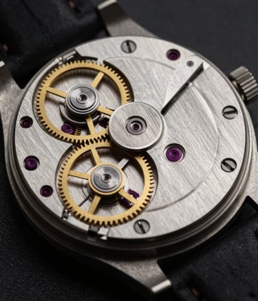 An editorial macro photography shot of a high-end mechanical watch movement. The gears and balance wheel are made of polished steel and muted gold. The lighting is moody and dramatic with deep charcoal shadows, emphasizing the precision craftsmanship and metallic textures.