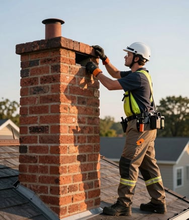 A North American / US professional chimney sweep wearing safety gear, expertly inspecting a brick chimney on a suburban rooftop. The composition is clean and professional with the warm glow of the sun reflecting off the red-brown bricks.