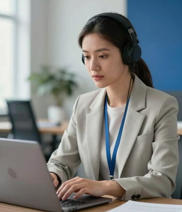 A professional virtual assistant working diligently in a modern, light-filled North American / US office environment. They are dressed in business casual attire, focused on a laptop screen, with Pale Mist and Deep Blue decor in the background.