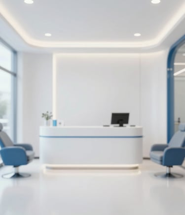 A modern and minimalist dental clinic reception area with clean lines, comfortable seating, and sophisticated lighting. The palette includes #F5F8FA white and #2A4B6A blue details, creating an inviting and professional atmosphere.