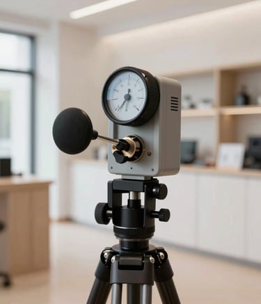 A close-up photograph of professional acoustic measurement equipment, including a sonometer on a tripod, inside a modern Southern European commercial space. The lighting is bright and natural, reflecting a clean minimalist style with ash black and bone white tones.