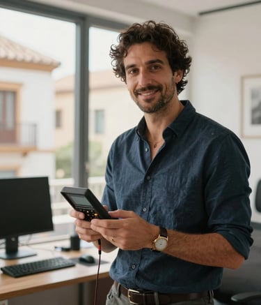 A professional portrait of a male acoustic engineer in a smart-casual outfit, standing in a bright, modern office in Malaga. He is holding a digital measurement device, looking friendly and accessible, with Southern European architecture visible through the window.