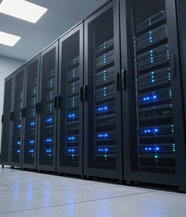 A low-angle shot of tall, dark server racks in a modern North American data center, with blue and teal LED status indicators reflecting on a polished floor, minimalist and professional.