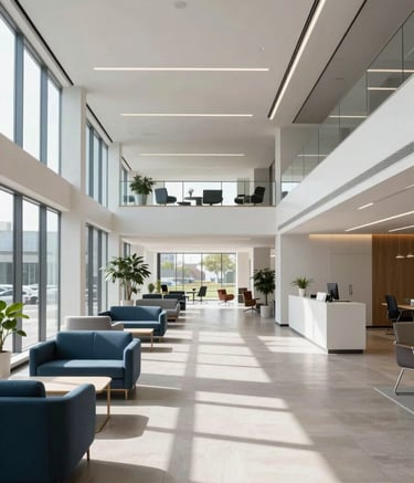 A wide-angle professional photograph of a modern, minimalist North American office lobby. The space is filled with natural light, featuring clean lines and a supportive atmosphere. Accents of medium blue and light gray decorate the furniture and decor.