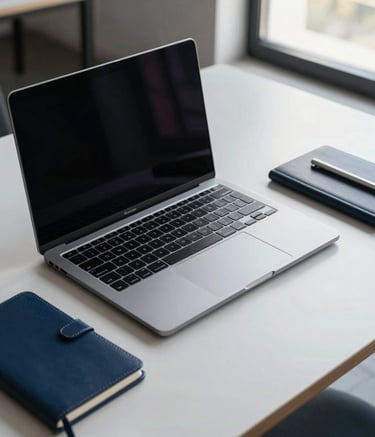 A top-down view of a minimalist designer desk in a high-end North American agency, featuring a slim premium laptop, a silver stylus, and a leather notebook, soft morning light through a window, elegant navy blue and light grey palette.