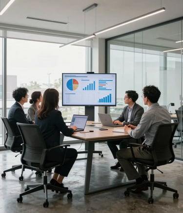 A professional North American office setting with a sleek glass-walled boardroom where a team is collaborating over marketing analytics displayed on a large screen, bright natural light, polished concrete floors, dominated by dark grey and off-white tones.