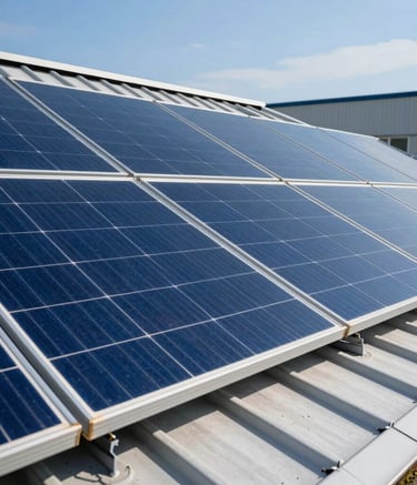 A close-up photograph of high-quality, modern blue photovoltaic panels installed on a commercial roof under a clear sky in Germany, symbolizing sustainable energy and professional competence.