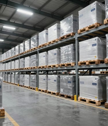 Professional Central European warehouse logistics hub, modern high-ceiling storage facility with organized pallets and bright industrial lighting, conveying efficiency and professionalism in white gray and dark charcoal gray tones.