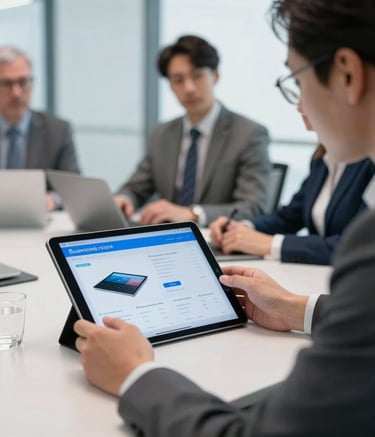A professional business meeting in a modern German office environment, focus on a digital tablet showing product specifications, bright blue and white gray palette, sharp and corporate aesthetic.