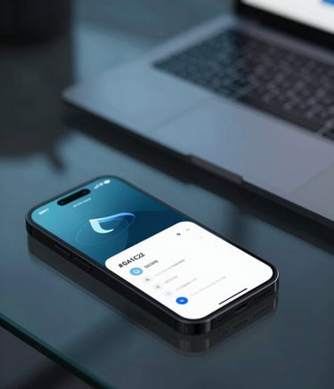 A close-up of a high-end smartphone and a laptop on a glass desk, showing a sleek web interface with blue accents. The lighting is cold and professional with soft glows, incorporating #0A1C2C and #1B4965 in the shadows and digital screens.