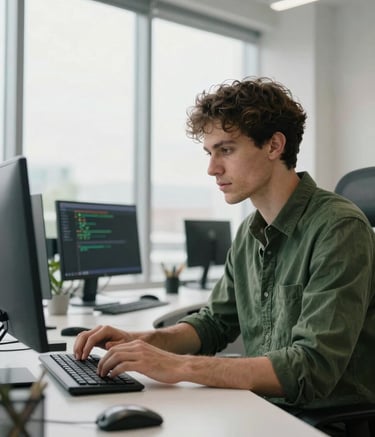 A focused software engineer in a forest green shirt working in a sleek, modern office setting with pearl white walls and natural light streaming through large windows.