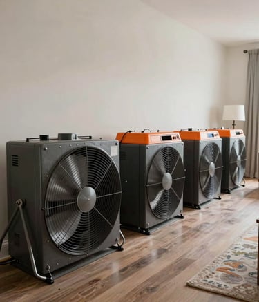 A row of heavy-duty, industrial-grade drying fans and orange-accented dehumidifiers positioned along the walls of a beautifully restored Miami living room. The lighting is clean and natural, showcasing the successful restoration process.