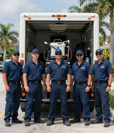A professional restoration team in deep steel blue uniforms standing in front of a white service truck in a sunny Miami, Florida neighborhood. The scene is bright and professional, showing high-quality water extraction equipment visible in the open truck.