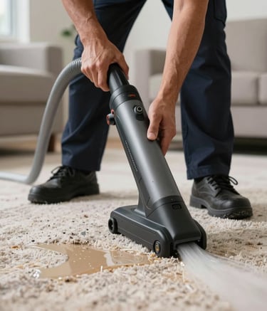 A close-up photograph of a technician using a high-powered water extraction vacuum on a soaked carpet inside a Miami residence. The technician wears professional gear, and the scene is lit with clear, bright lighting to emphasize efficiency and cleanliness.