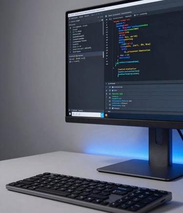 A close-up photograph of a sleek, high-end workstation with a minimalist keyboard and a monitor showing sophisticated software code, set against a soft gray wall with elegant blue ambient light, Global / International.